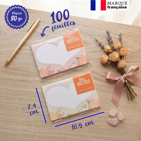 Lot de 2 bloc-notes forme cœur - cadeau petite attention - -motif liberty- papeterie mignonne- carnet notes floral -pour elle