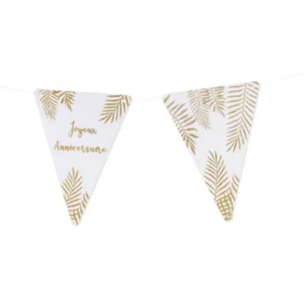 5 Fanions Blancs et Paillettes Or " Joyeux Anniversaire " - Fougère