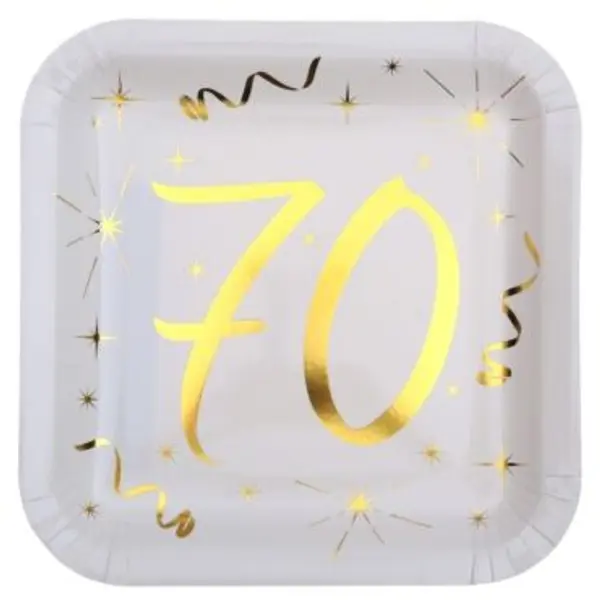 10 Assiettes en Carton Anniversaire - Blanc et Or - 70 ans