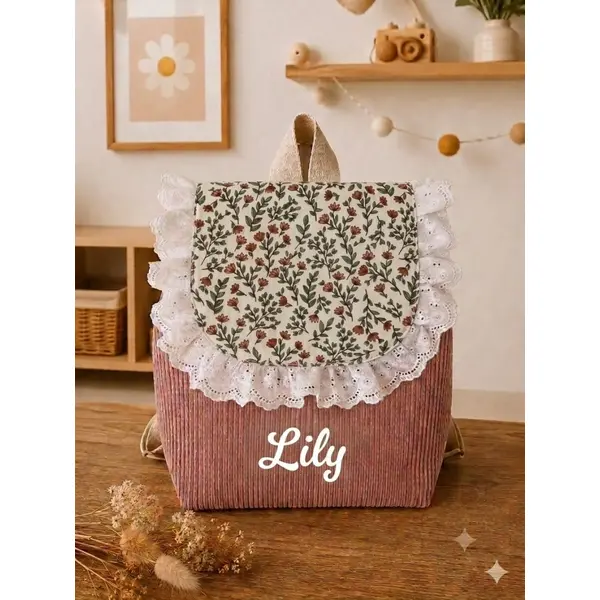 Sac à dos enfant maternelle personnalisé – velours rose poudre & motif floral