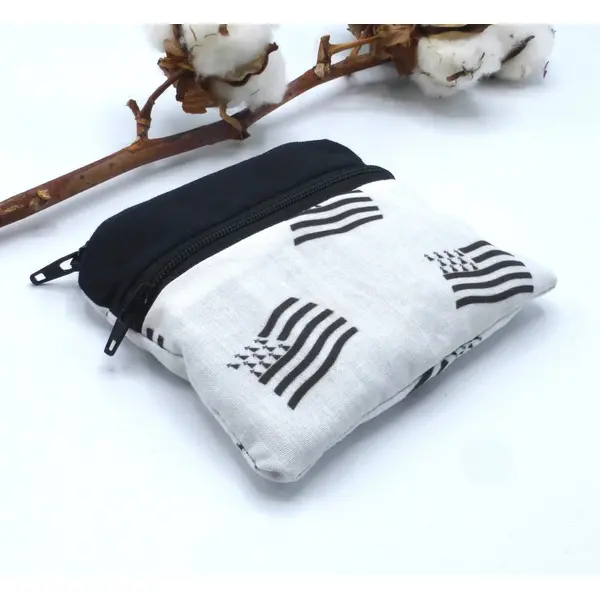 Porte monnaie à poche, bretagne, drapeau breton, noir, blanc, argenté, en coton et simili cuir