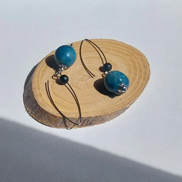 Terre originelle - boucles d'oreilles céramique raku au choix quatre modèles bleu ou vert pierres naturelles acier inoxydable