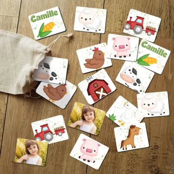 Jeu de mémoire modèle A la ferme personnalisé avec photo & prénom de l'enfant (30 pièces)