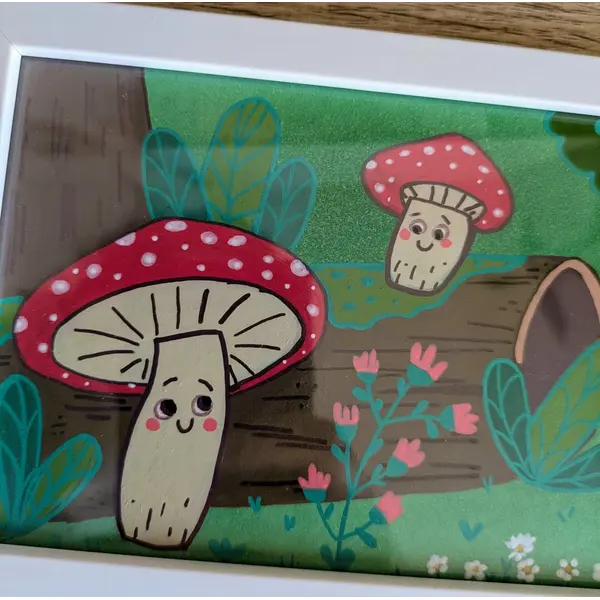 Cadre décoratif oiseaux en petits galets et fleurs rouges