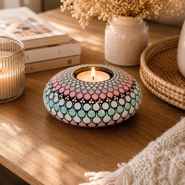 Bougeoir mandala bleu, rose & fuchsia en plâtre résine – peint à la main