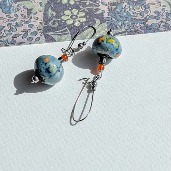 Terre originelle - boucles d'oreilles céramique raku au choix quatre modèles bleu ou vert pierres naturelles acier inoxydable