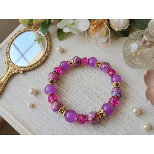Bracelet perles en verre violet et fuchsia