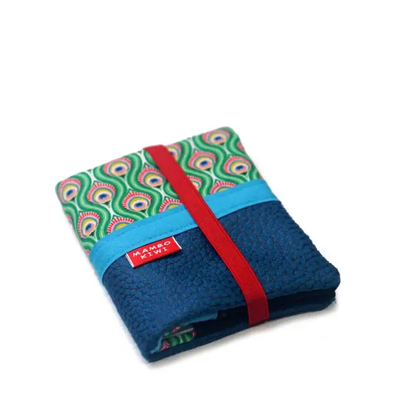 Portefeuille compact femme similicuir turquoise et tissu plumes de paons avec élastique