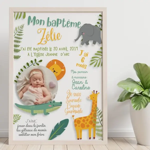 Affiche de baptême personnalisée à encadrer - Jungle