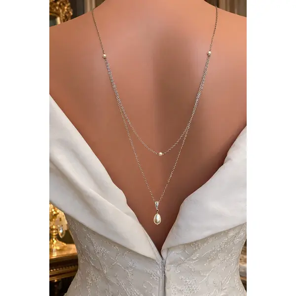 Collier de dos mariage doré et perles nacrées, bijou délicat pour robe dos nu- balaton