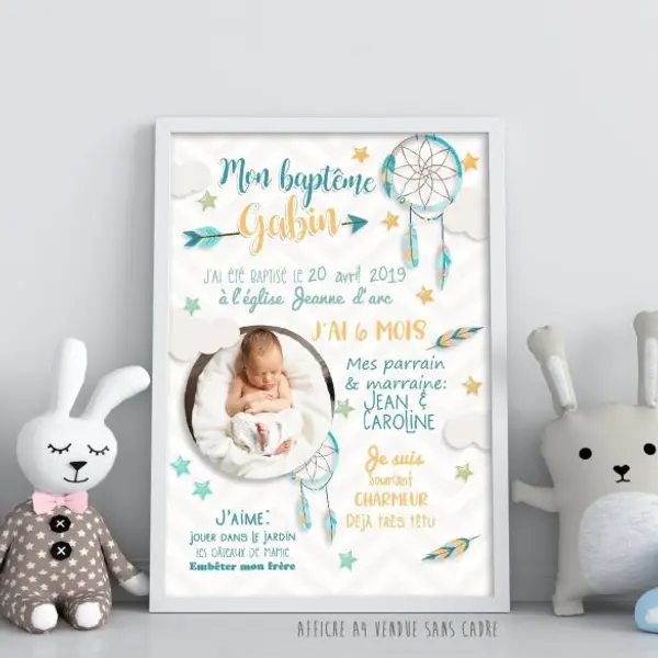 Affiche de baptême personnalisée à encadrer - Attrape rêves - Bleue