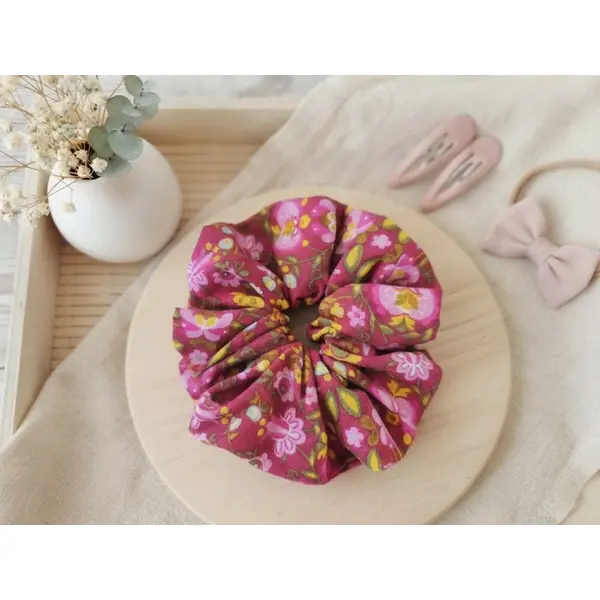 Chouchou fille coton fuchsia motifs fleurs roses