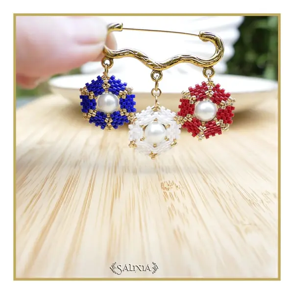 Broche tissée perles japonaises bleu blanc rouge perles nacrées blanches (#br20)
