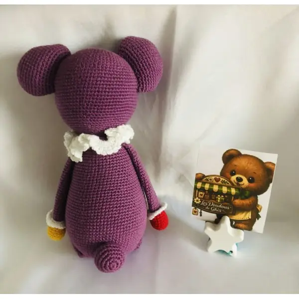Doudou ours violet au crochet, peluche bébé en coton bio fait main les doudous de ghis