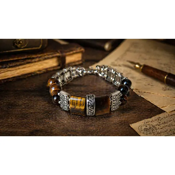 Bracelet ajustable homme masculin véritable perle ronde rectangulaire naturelle marron oeil tigre breloque connecteur couleur argent