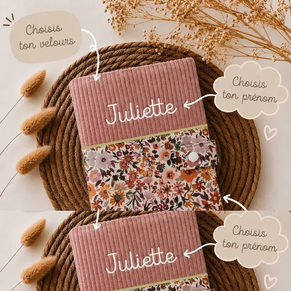 Protège carnet de santé personnalisé en velours côtelé et coton, cadeau de naissance fille garçon , accessoire bébé