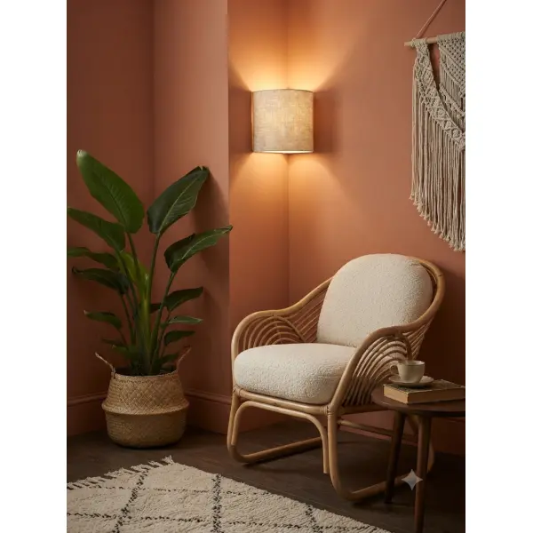 Applique murale d’angle demi-lune en lin naturel – luminaire mural style japandi, scandinave, bohème, salon chambre entrée