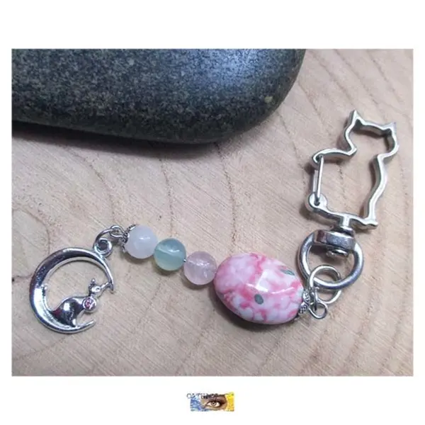 Porte-clés - bijou de sac, voiture - gri-gri - "amour-sérénité" - jaspe océanique, quartz rose, aventurine, agate - acier