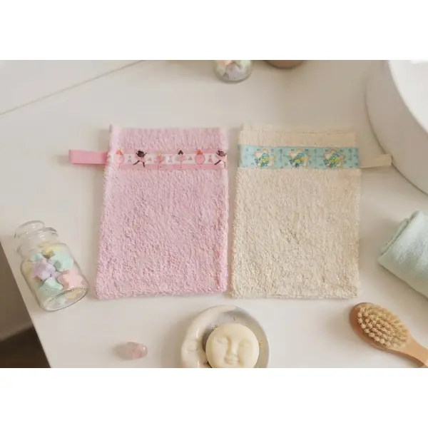 Lot de 2 gants de toilette bébé éponge beige et rose