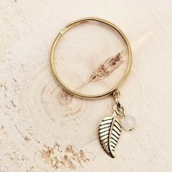Bague ajustable acier inoxydable doré – pierre de lune naturelle et feuille
