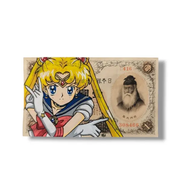 Peinture originale sailor moon sur authentique billet de banque japonais - création pop art