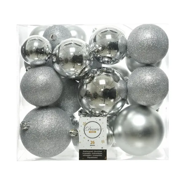 26 Boules de Noël classiques argent plastique