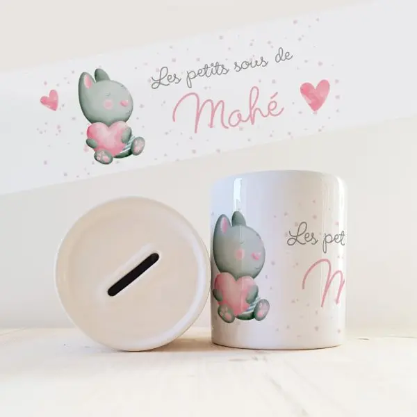 Tirelire enfant avec prénom modèle Chat et coeur