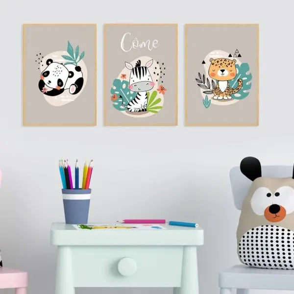 Trio d'affiche Jungle - Panda - Zèbre - Léopard personnalisées pour chambre d'enfant avec prénom
