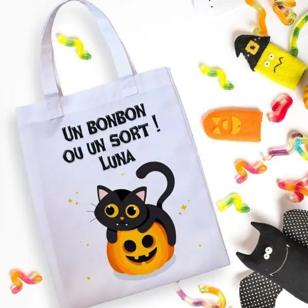 Tote bag enfant personnalisé Halloween Chat Citrouille