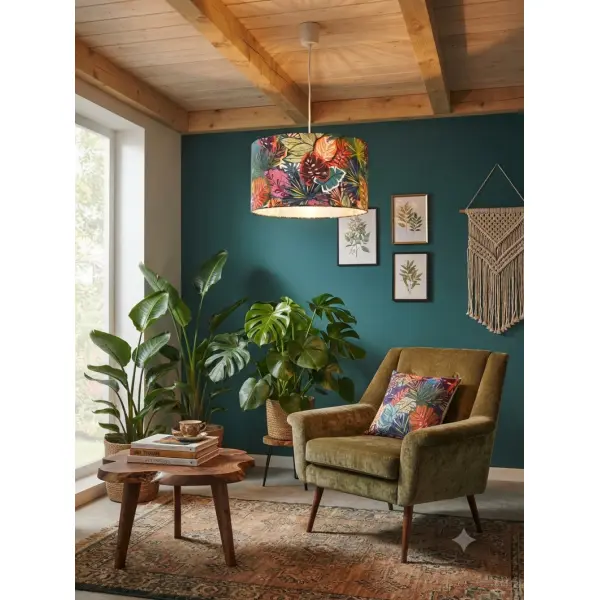 Abat-jour jungle tropicale colorée, feuillage exotique, luminaire déco bohème chic, tissu coton oeko-tex, fabrication française