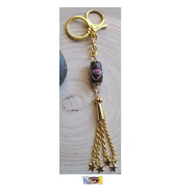 Porte-clés - bijou de sac, voiture - gri-gri - perle verre lampwork tchèque - métal or