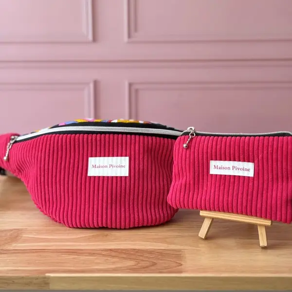 Sac banane velours fuchsia & coton pop – banane femme cousue main en bretagne