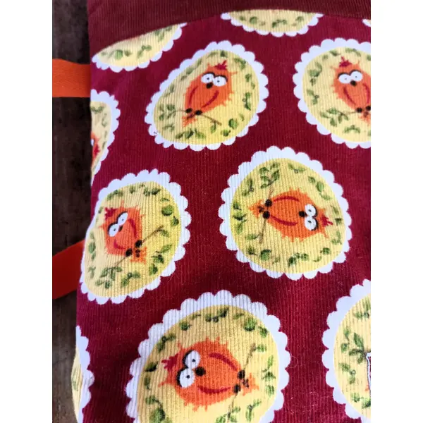 Pochette à livre velours, housse pour livre de poche, chouette orange bordeaux, velours mille-raies, cadeau lecteur lectrice