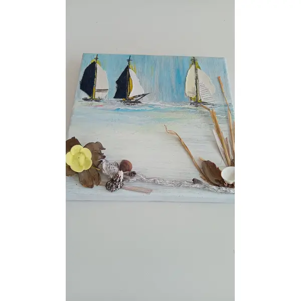 Tableau marin peint avec voiliers en tissu 20x20cm
