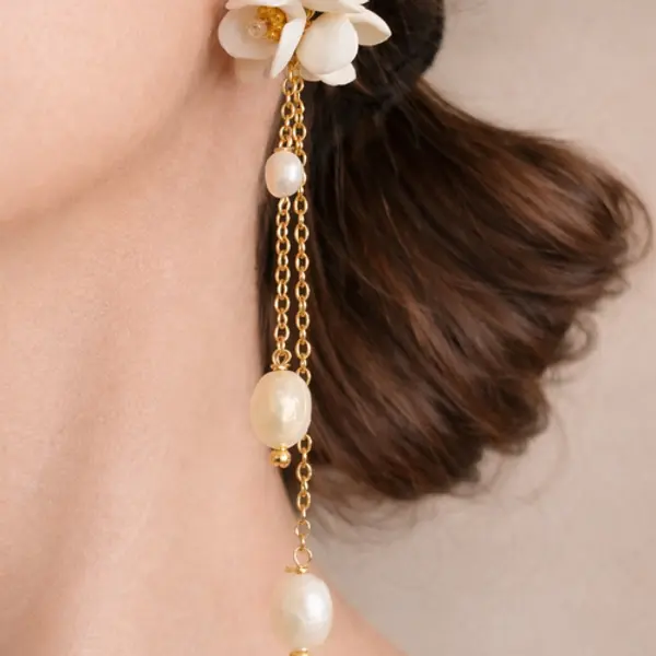 Boucles d’oreilles mariée fleurs & perles d'eau – doré élégant- pendantes -ramo de flores
