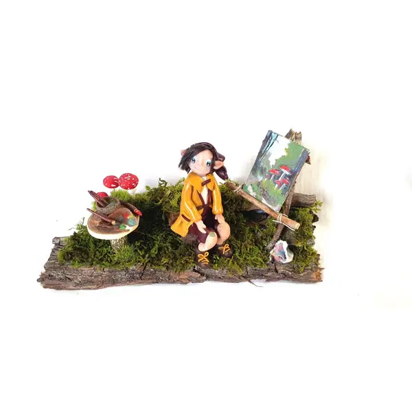 Lutin fimo fait main, figurine féerique artisanale, scène forêt magique, décoration elfique unique