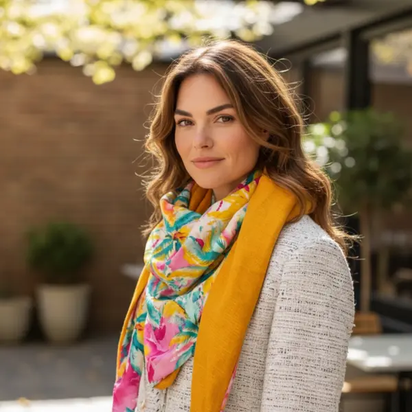 Chèche femme réversible floral tropical & moutarde – foulard triangle cousu main en bretagne