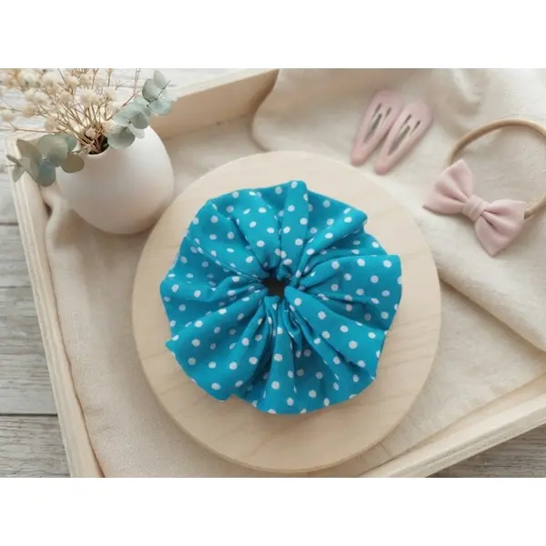 Chouchou fille coton bleu pois blancs