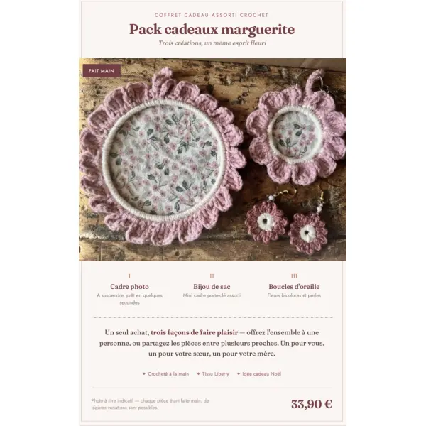 Coffret cadeau crocheté fait main — cadre photo, bijou de sac et boucles d’oreilles assortis