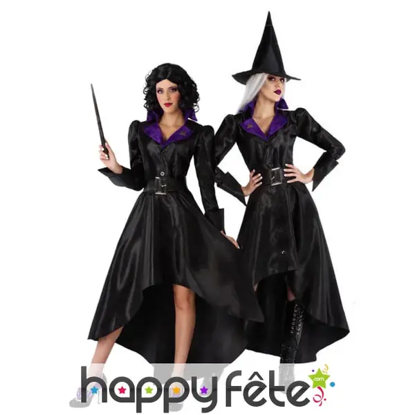 Robe noire satinée de sorcière et chapeau, adulte