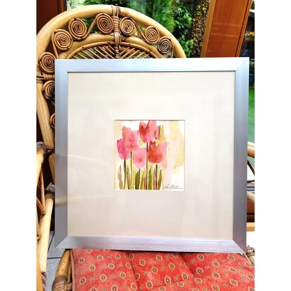 Peinture gouache "tulipes du jardin" sur papier canson, avec cadre aluminium : "jardin secret"