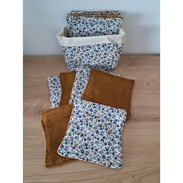 Lot 12 lingettes lavables zero dechet en eponge bambou et panier assortie