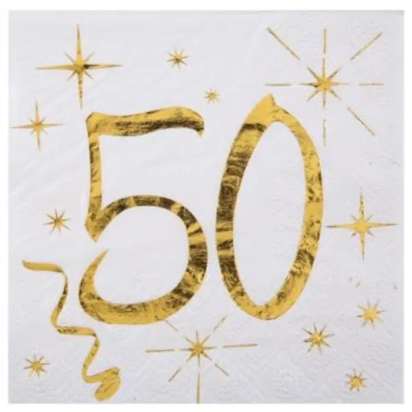20 Serviettes en Papier Anniversaire - Blanc et Or - 50 ans