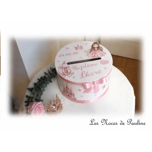 Urne de baptême princesse, urne rose fille personnalisée