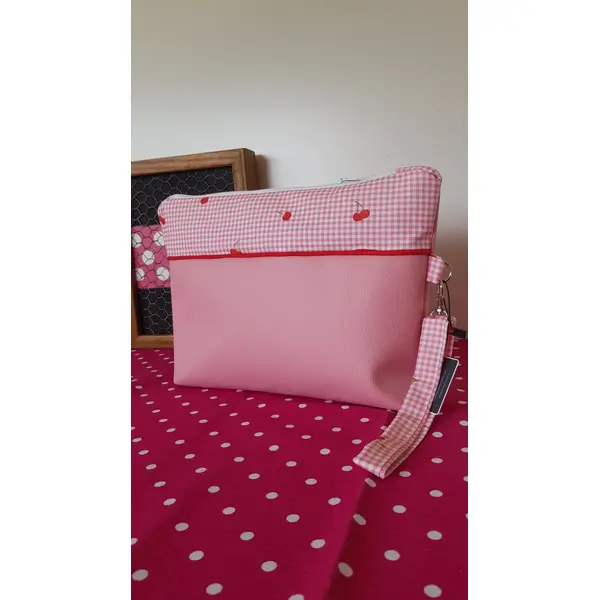 Sac pochette cerise et vichy bleu