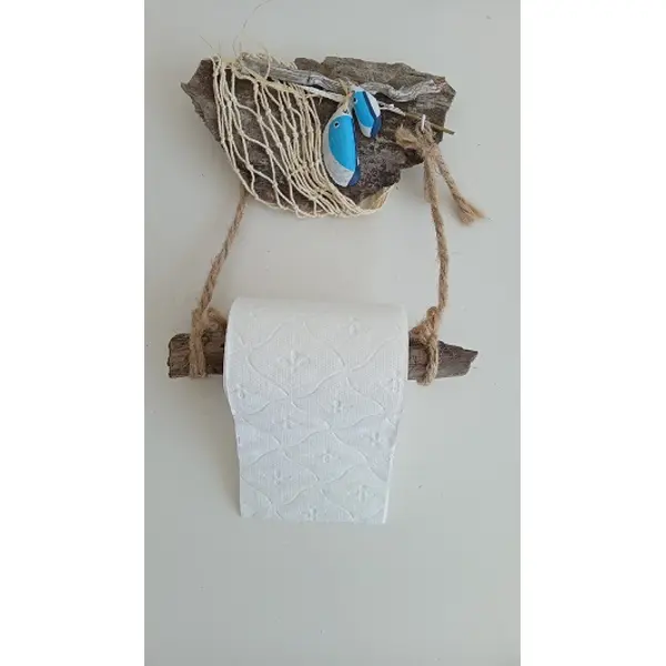 Porte papier toilette marin en bois flotté avec filet de pêche et poissons en coquillages