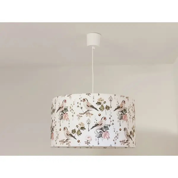 Suspension chardonnerets & clefs anciennes avec abat-jour floral nature luminaire romantique campagne chic fabrication française