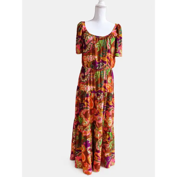 Robe longue femme en viscose imprimée cahemire – robe à volants – taille 42 – manches courtes – pièce unique