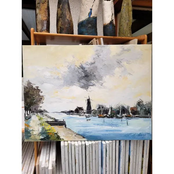 Peinture figurative - paysage moulin hollande- huile au couteau sur toile de lin sur châssis : "univers de silence"