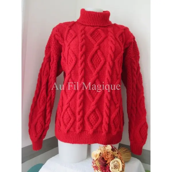 Pull irlandais femme tricot fait-main taille 44/46 couleur rouge